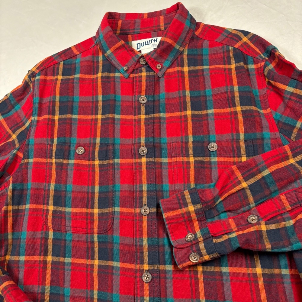 Duluth Trading Co Flannel Shirt Mens XL Tall Red Plaid Slim Fit Cotton Button Up
